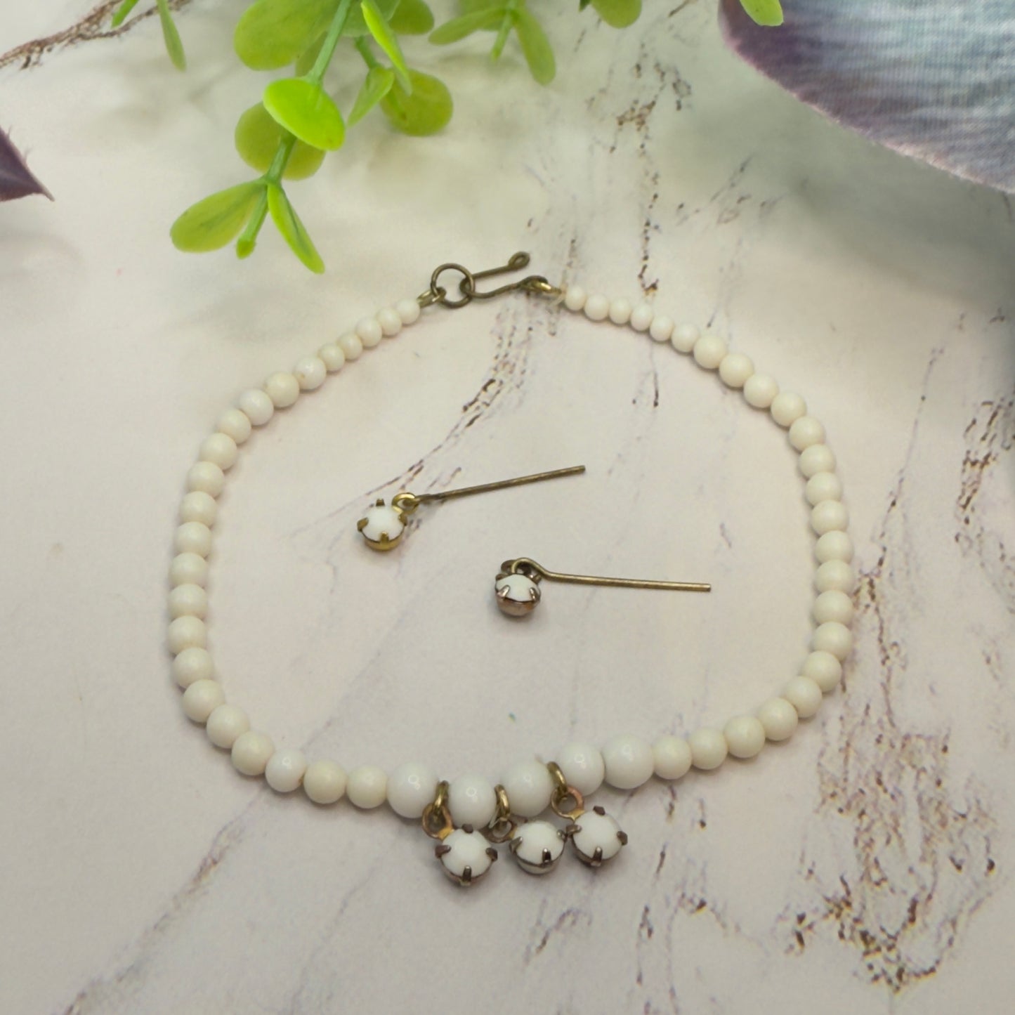 White Rhinestone & Glass Beaded Doll Necklace & Earrings Set • 18 Inch Fashion Doll Jewelry
