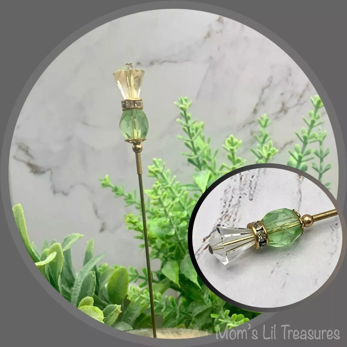 Green Glass Crystal - Gold Tone - Clear Rhinestone • 6” Pin • Hatpin - Stick Pin
