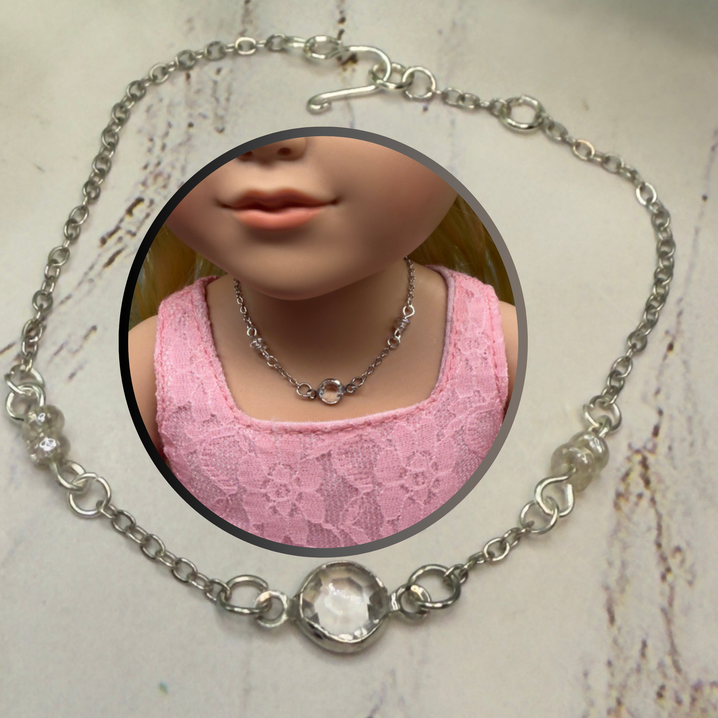 Clear Round Crystal Silver Chain Doll Necklace • 18 Inch Fashion Doll Jewelry