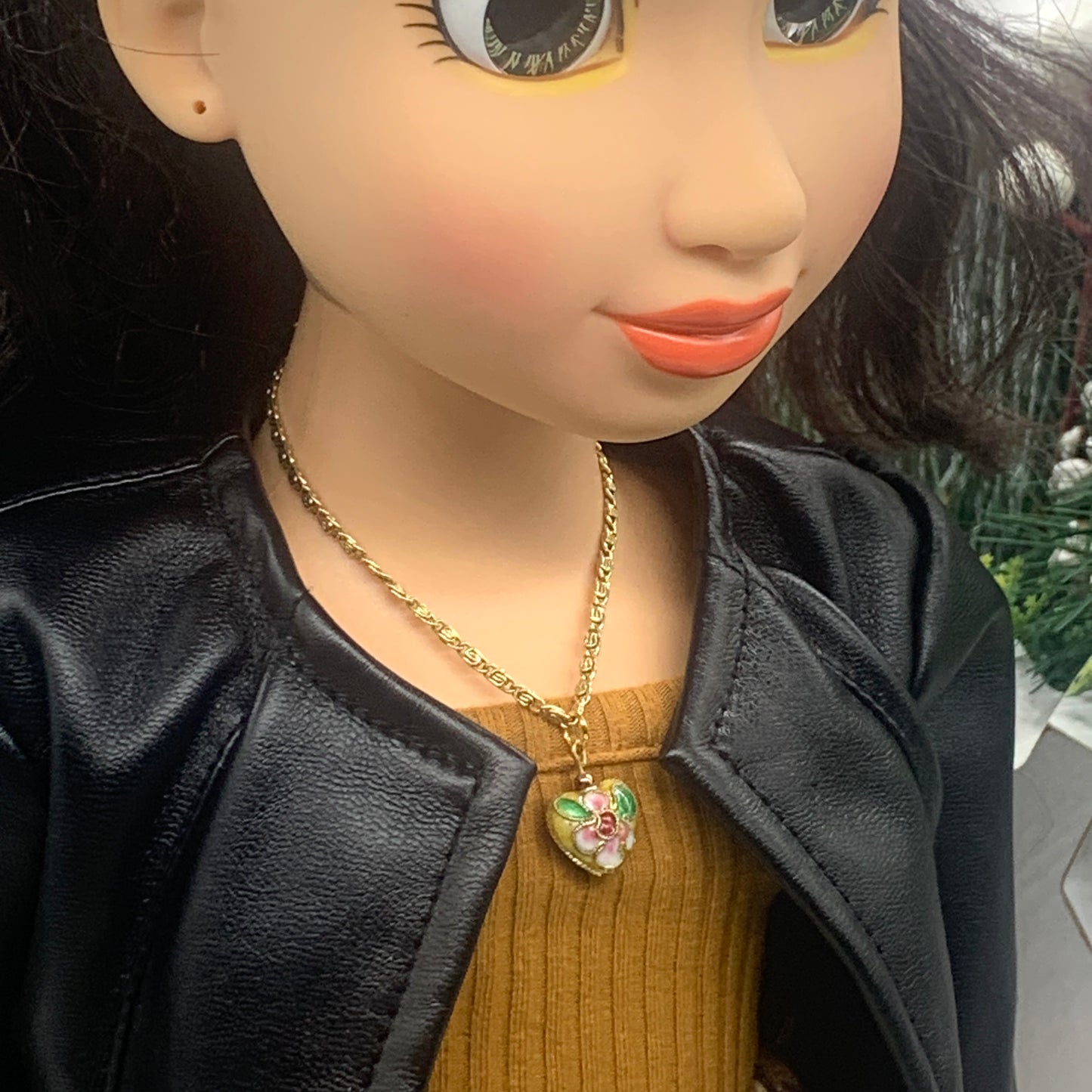 Cloisonné Heart Flower Design Charm Gold Chain Doll Necklace • 18” Doll Jewelry