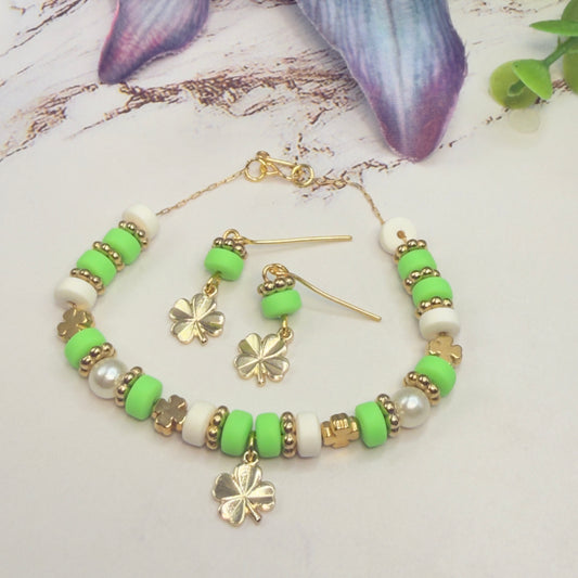 Green White Beaded Gold Four-Leaf Clover Charms Doll Necklace & Earrings • 18 Inch Fashion Doll Jewelry