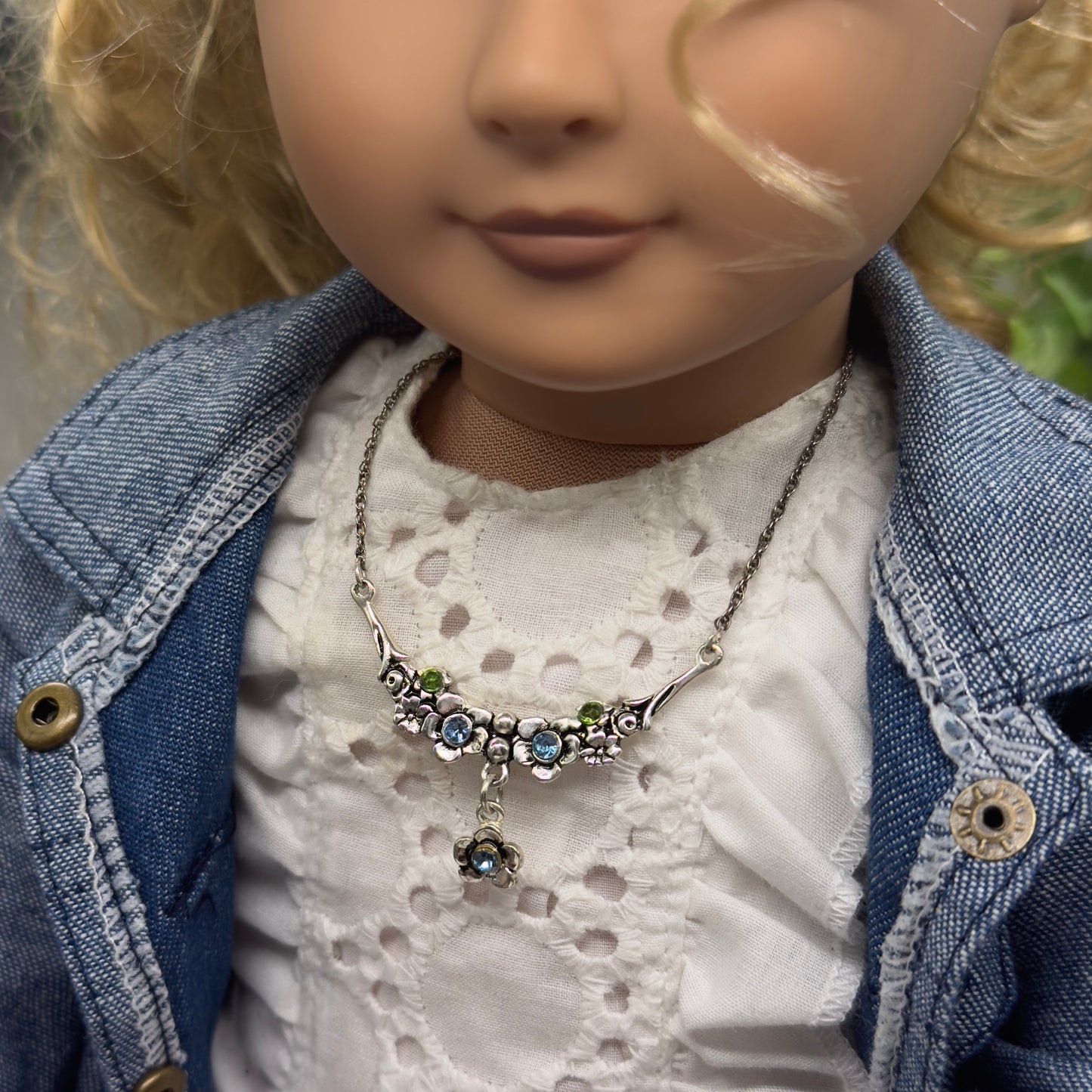 Silver Flower Design W/ Green Blue Rhinestone Doll Necklace • 18” Doll Jewelry