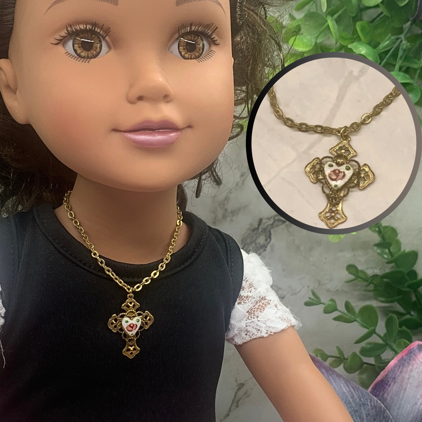 White Enamel Pink Rose Heart Design Gold Filigree Cross Pendant Doll Necklace • 18” Doll Jewelry