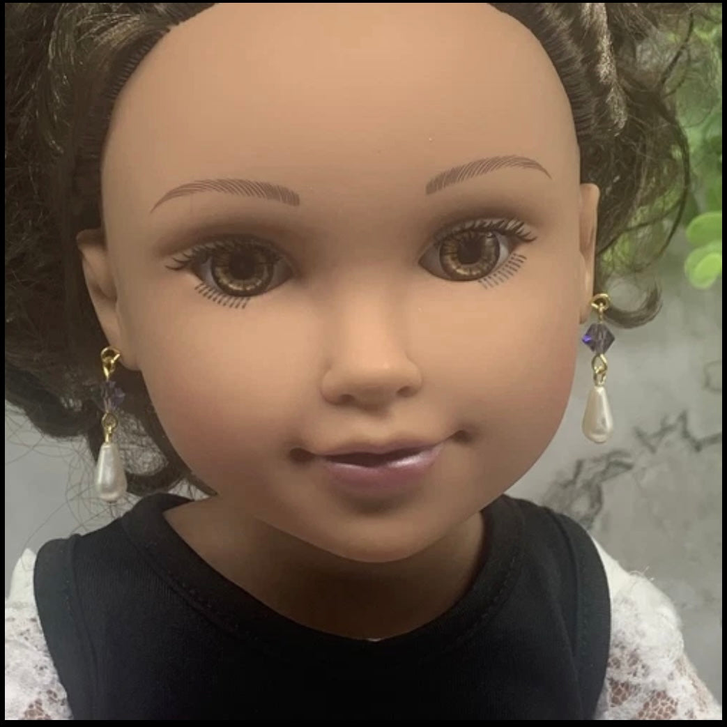 Purple Glass Crystal Teardrop Pearl Dangle Doll Earrings • 18 Inch Doll Jewelry