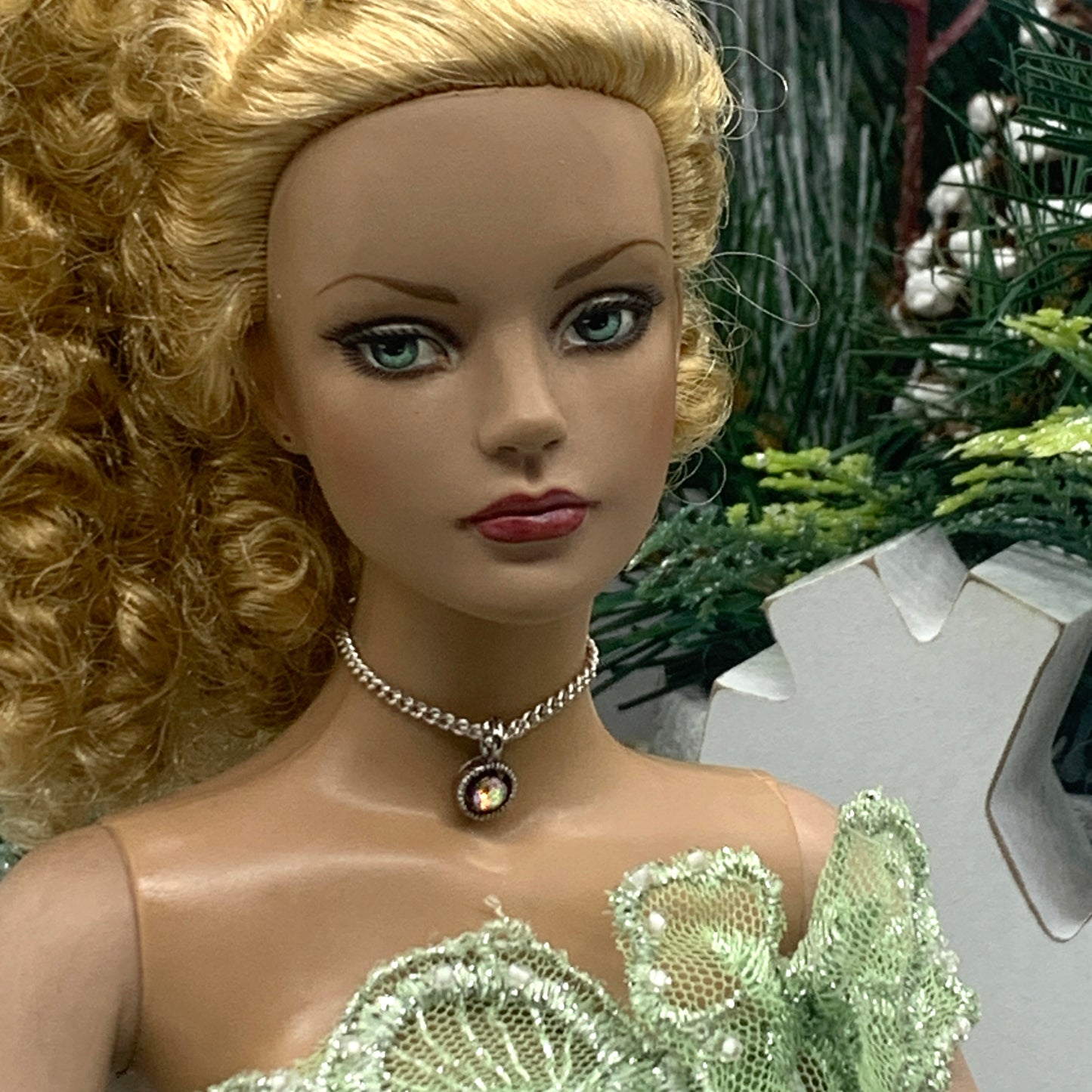 AB Rhinestone Pendant Silver Choker Chain Doll Necklace • 16” Doll Jewelry