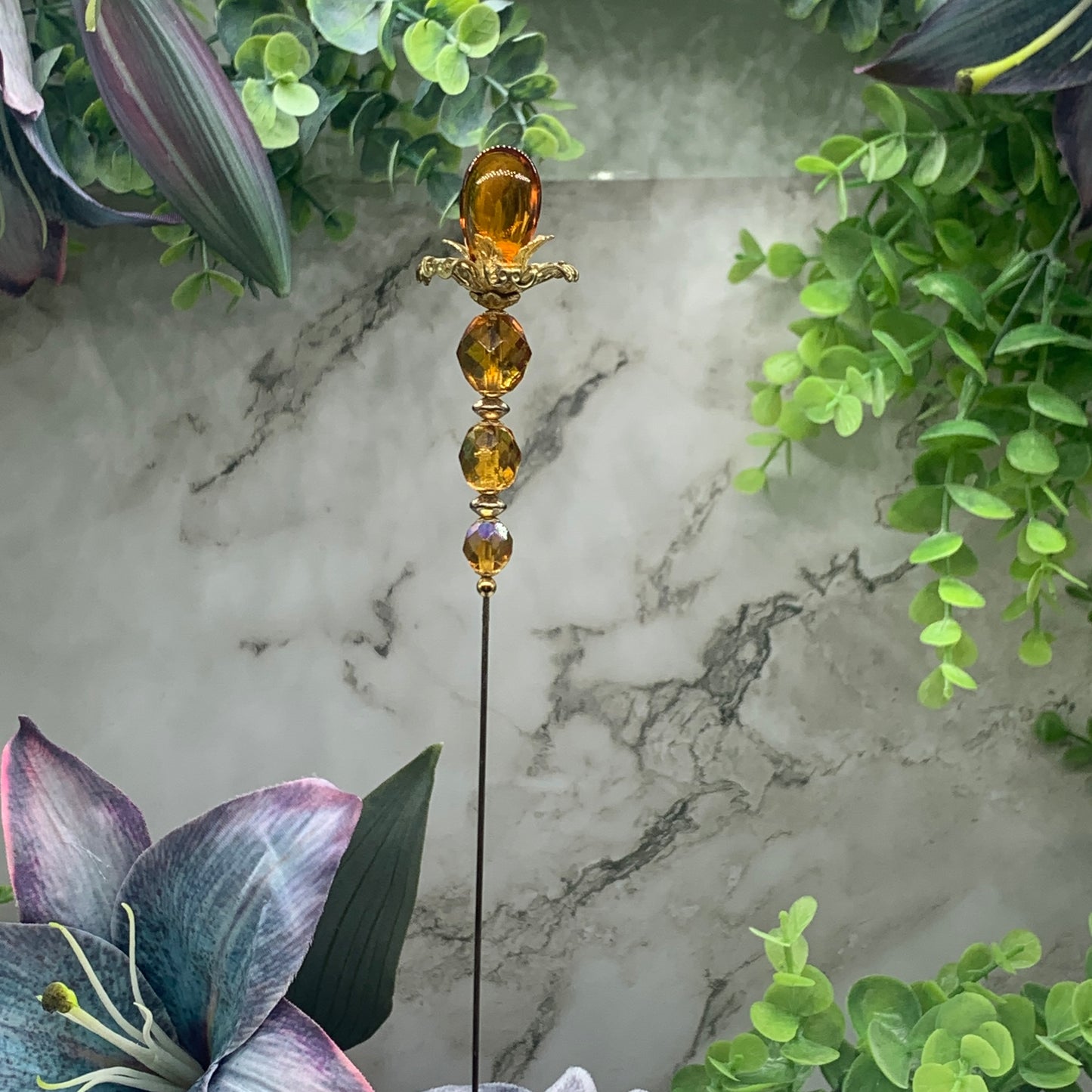 Gold yellow Amber Color Crystal Flower Design 8.5” Pin • Hatpin - Stick Pin