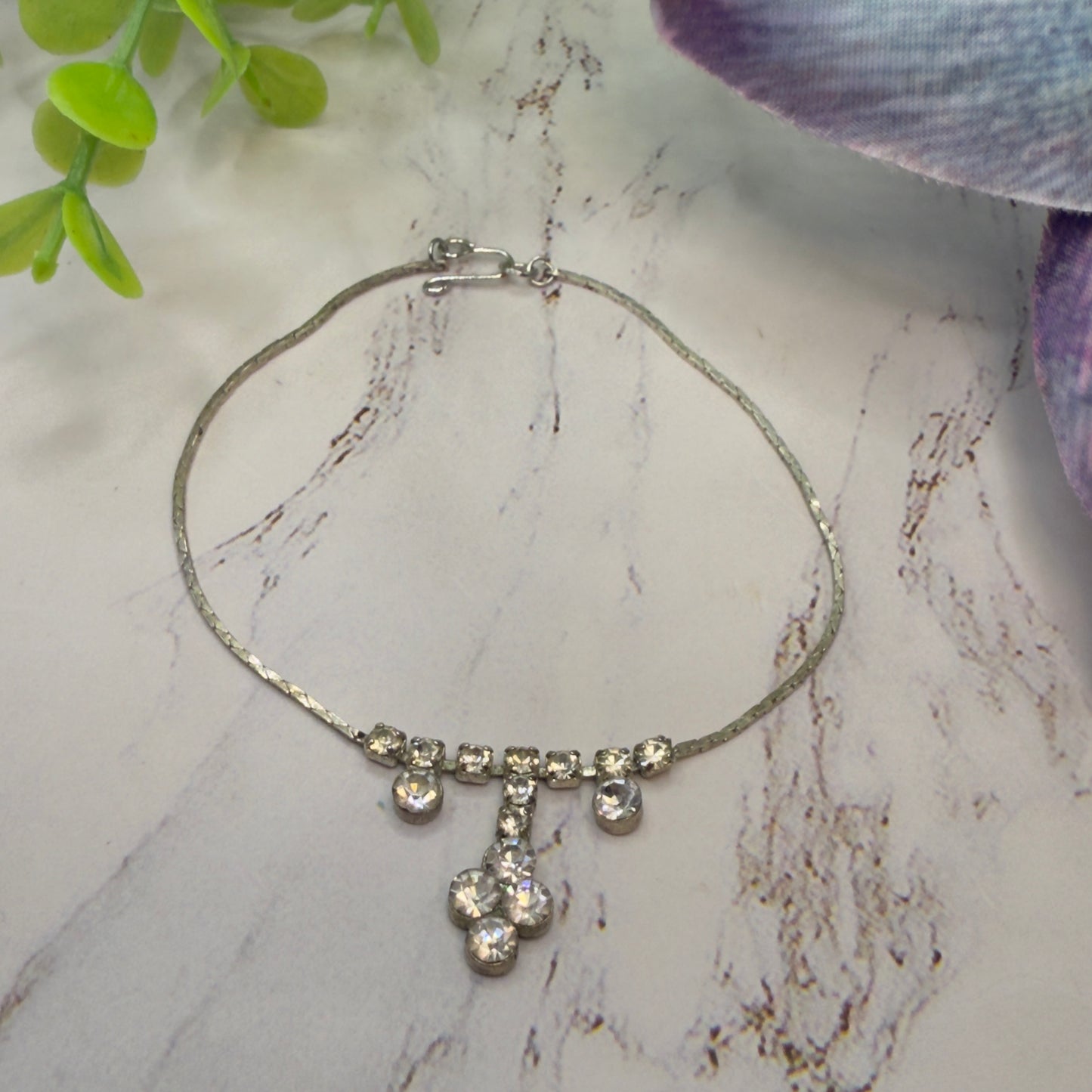 Clear Rhinestone Drop Dangle Silver Serpentine Doll Necklace • 18-22” Vintage Doll Jewelry