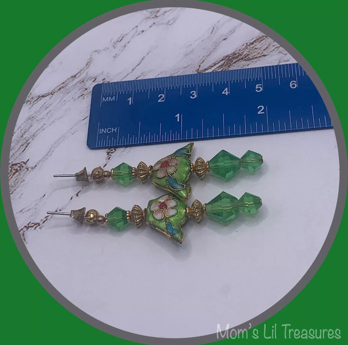 Fashion Green Crystal & Cloisonné Gold Tone Dangle Earrings - Post- Handmade
