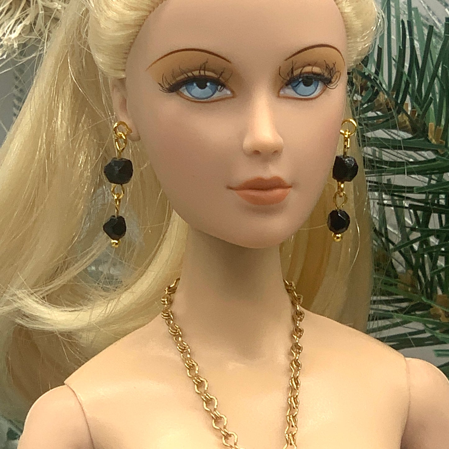 Black Glass Crystal Statement Doll Necklace Earring Set • 16” Doll Jewelry