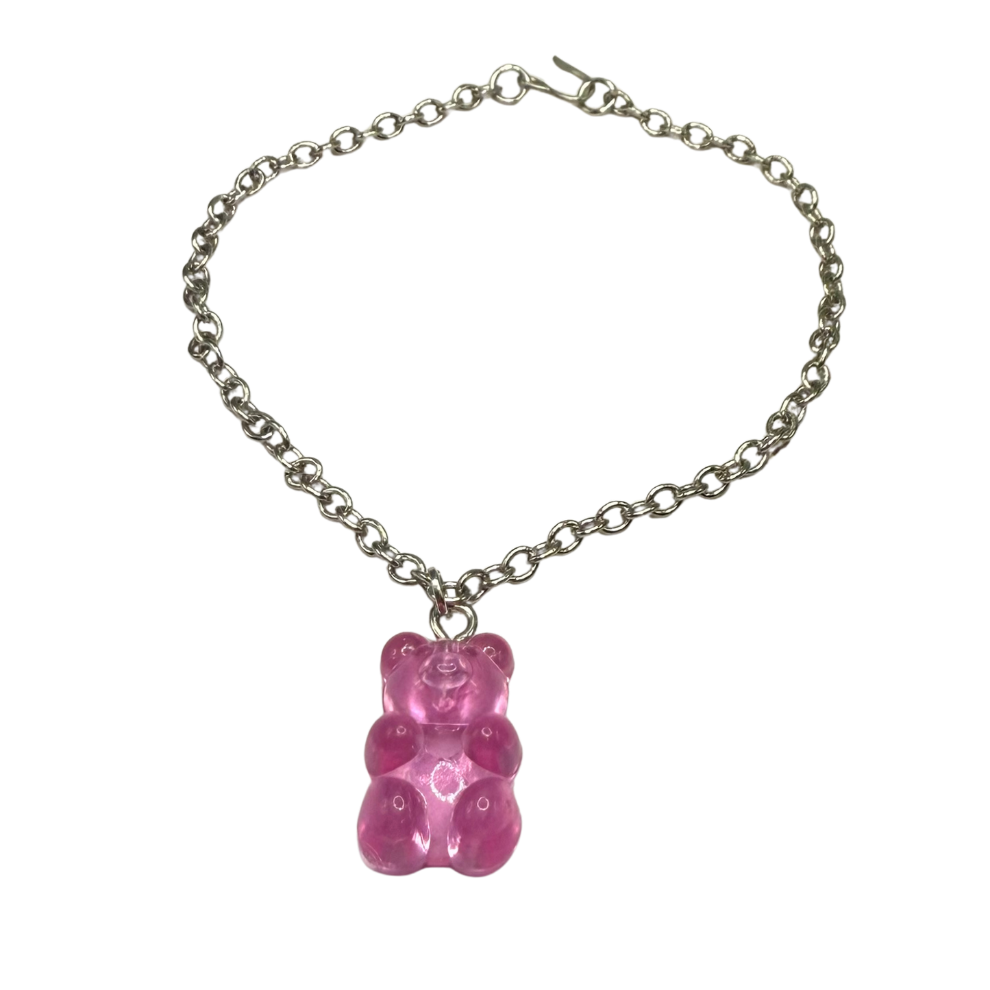 Pink Translucent Acrylic Bear Charm Doll Necklace Silver Chain • 18 Inch Fashion Doll Jewelry