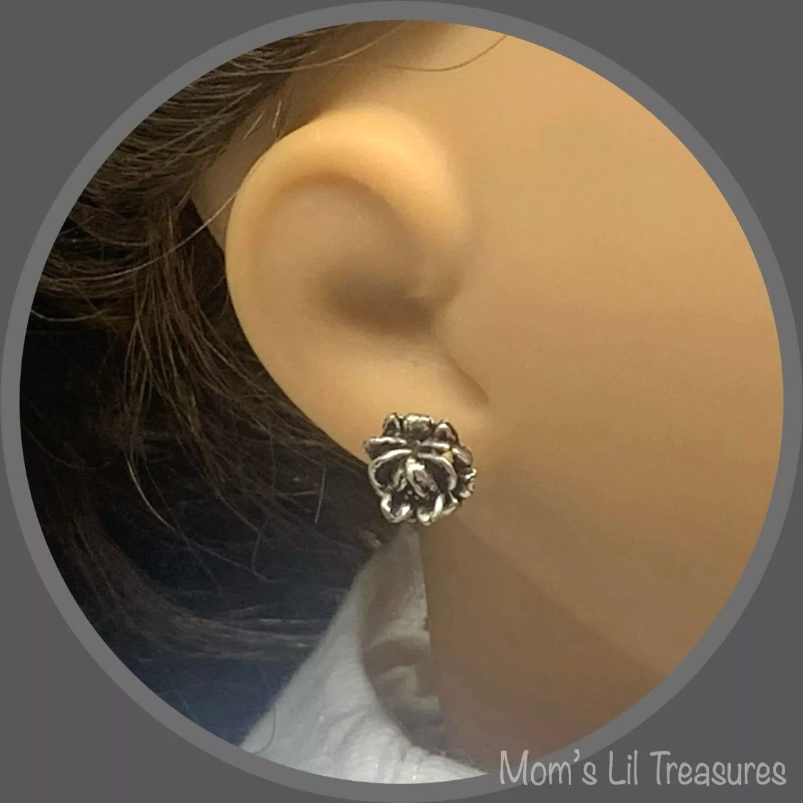 Silver Flower Rose Post Doll Earrings • 2mm Post • fits 18” American Girl Doll