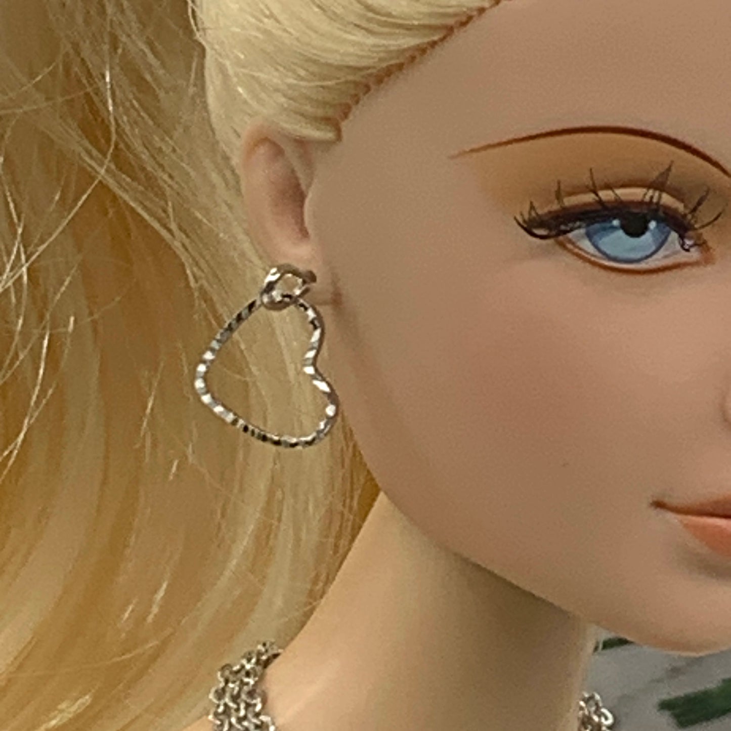 Silver Heart Dangle Multi Chain Doll Necklace Earring Set • 16” Doll Jewelry