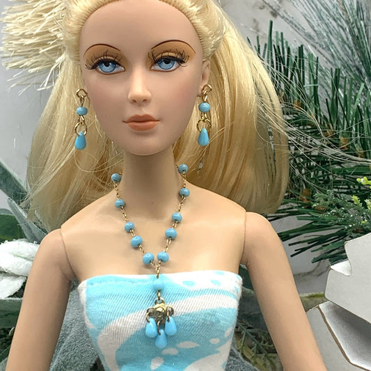 Blue Glass Beaded Pendant Necklace Earring Set • 16 Inch Fashion Doll Jewelry