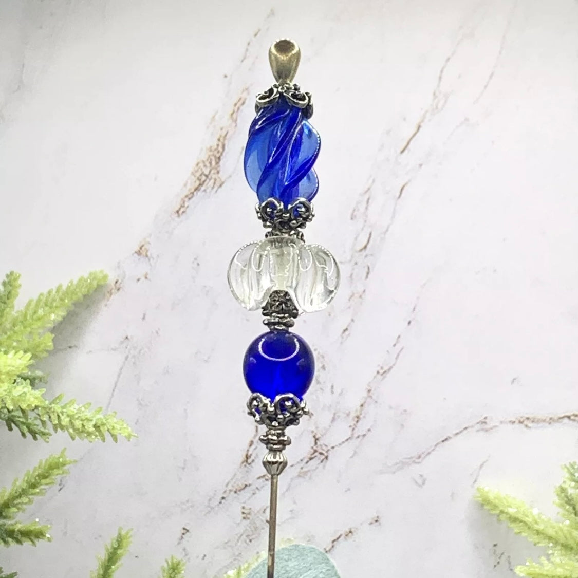 Blue Clear Swirl Glass Silver Filigree Design - 8.75” • Hatpin