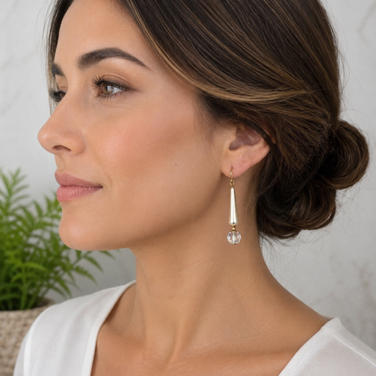 Elongated Teardrop Pearl & Clear Crystal Drop Dangle Earrings • Handmade