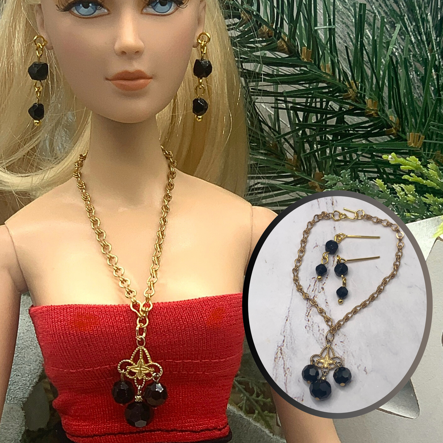 Black Glass Crystal Statement Doll Necklace Earring Set • 16” Doll Jewelry