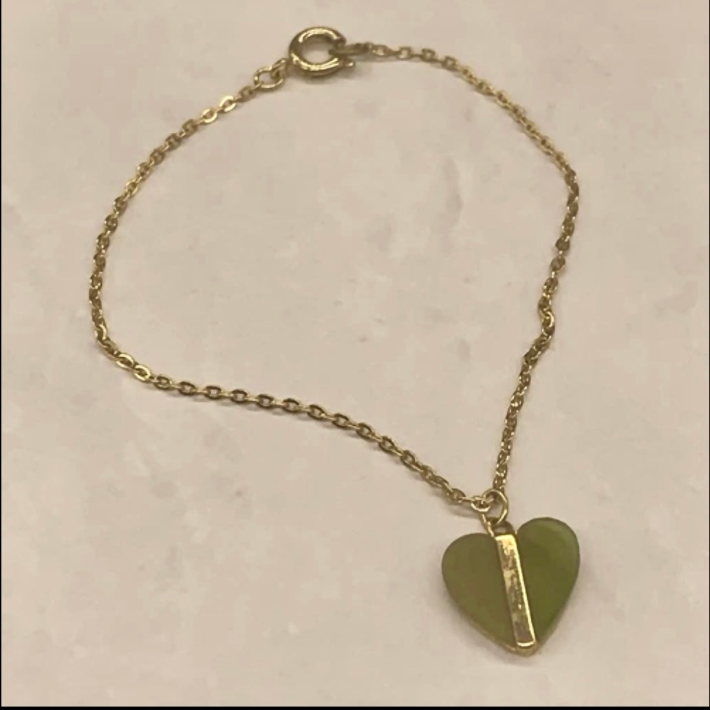 Green Glass Heart Pendant Gold Tone Necklace • 18 Inch Fashion Doll Jewelry