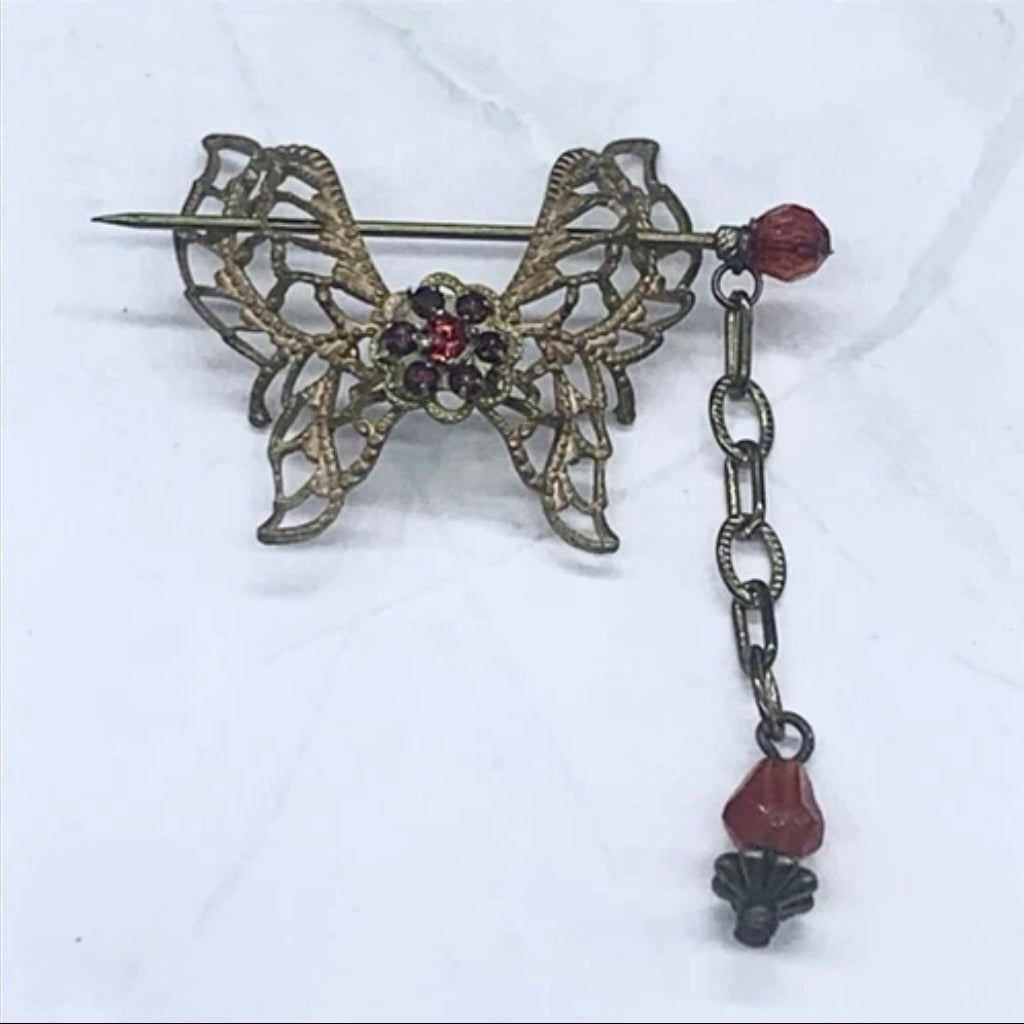 Butterfly Filigree Hair Clip Barrette Chain Dangle Red Crystal Hair Pin