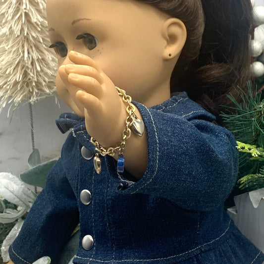 Blue Glass Gold Heart Charm Doll Bracelet • 18 Inch Fashion Doll Jewelry