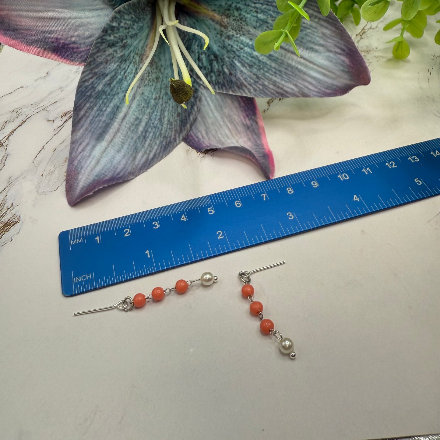 Coral Orange & Pearl Filigree Dangle Silver Doll Necklace & Earrings • 18 Inch Fashion Doll Jewelry