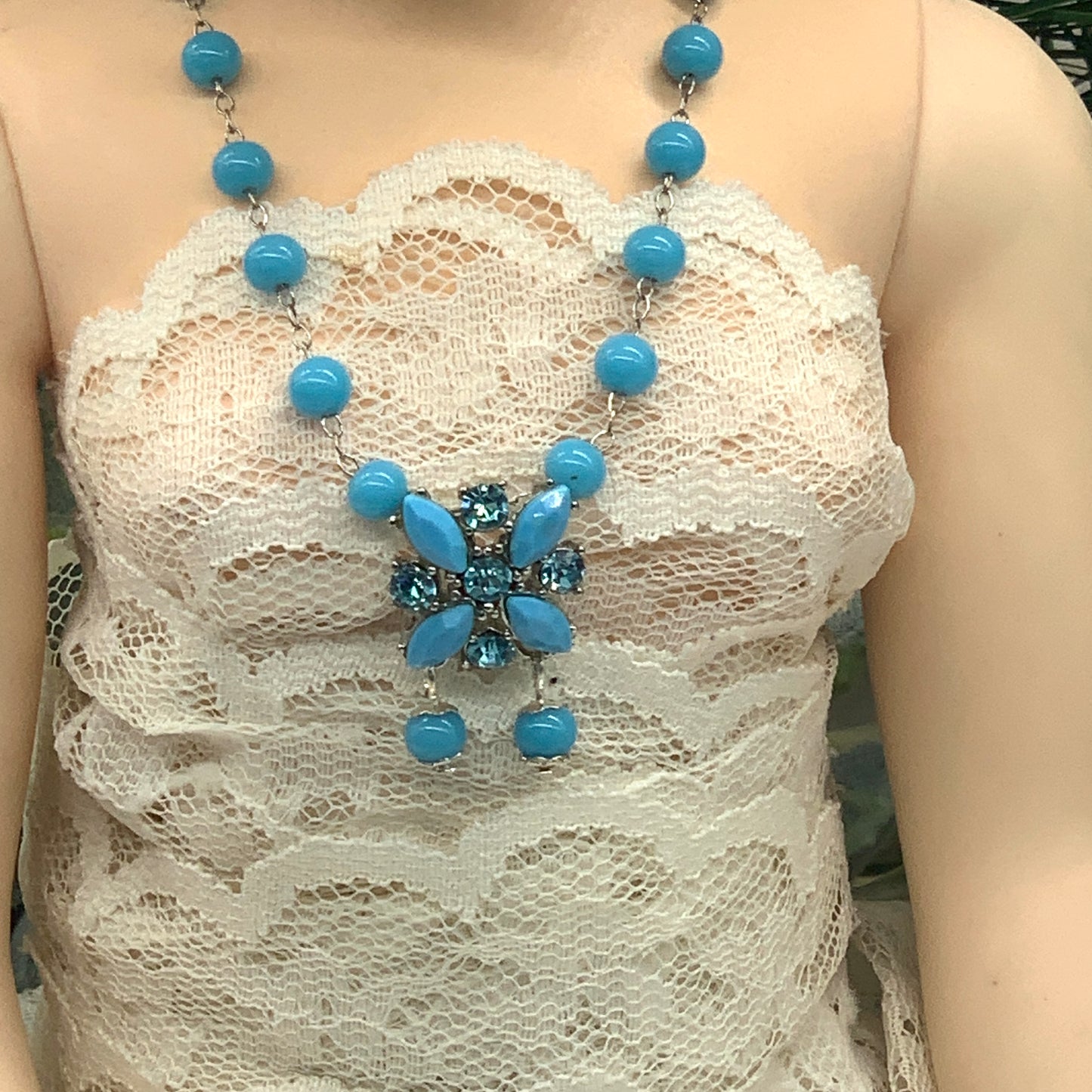 Blue Turquoise Bead Rhinestone Pendant Necklace Earring Set 18-22” Doll Jewelry