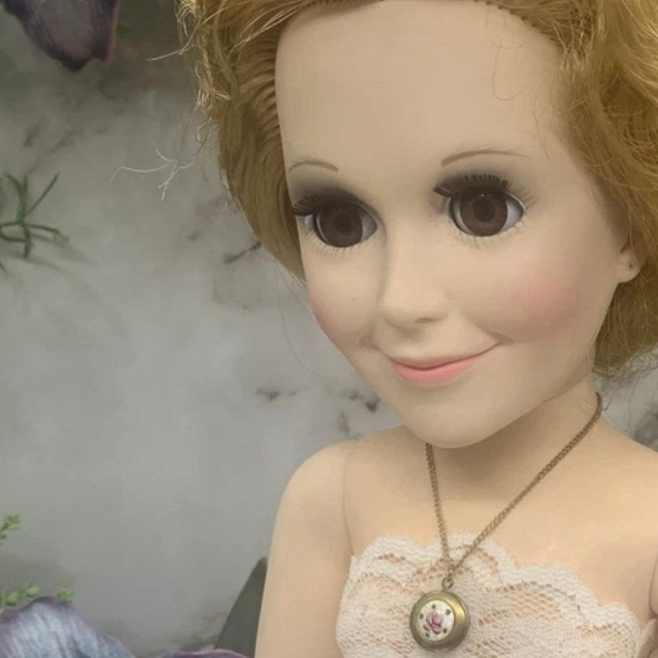 Round Locket Rose Pendant Gold Chain Doll Necklace for 18-22” Vintage Doll