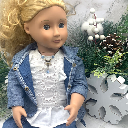 Blue Crystal Accent Bronze Tone Doll Necklace • 18 Inch Fashion Doll Jewelry