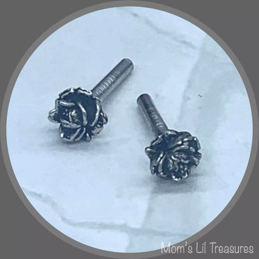 Silver Flower Rose Post Doll Earrings • 2mm Post • fits 18” American Girl Doll
