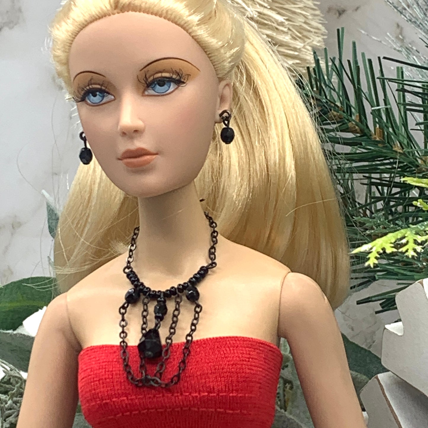 Black Crystal Chain Doll Necklace Earring Set • 16 Inch Fashion Doll Jewelry