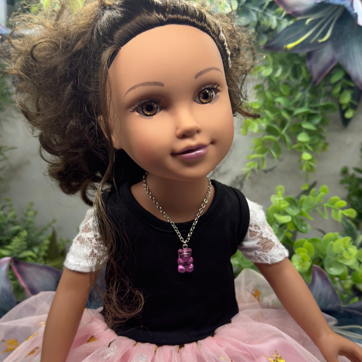 Pink Translucent Acrylic Bear Charm Doll Necklace Silver Chain • 18 Inch Fashion Doll Jewelry