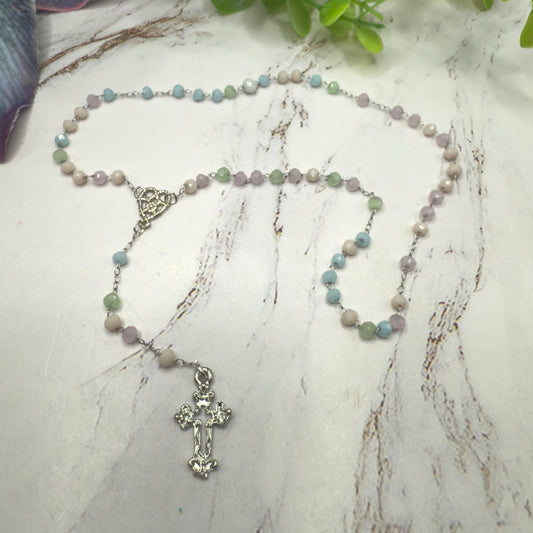 Pastel Blue Pink Green Glass Crystal Beaded Silver Cross • Doll Size Catholic Rosary