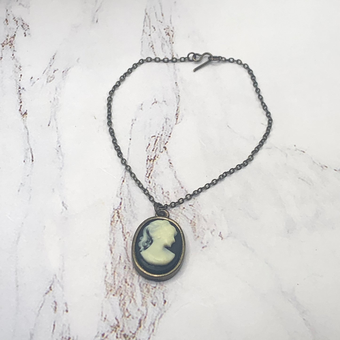 Black White Cameo Pendant Bronze Tone Chain Doll Necklace • 18” Doll Jewelry