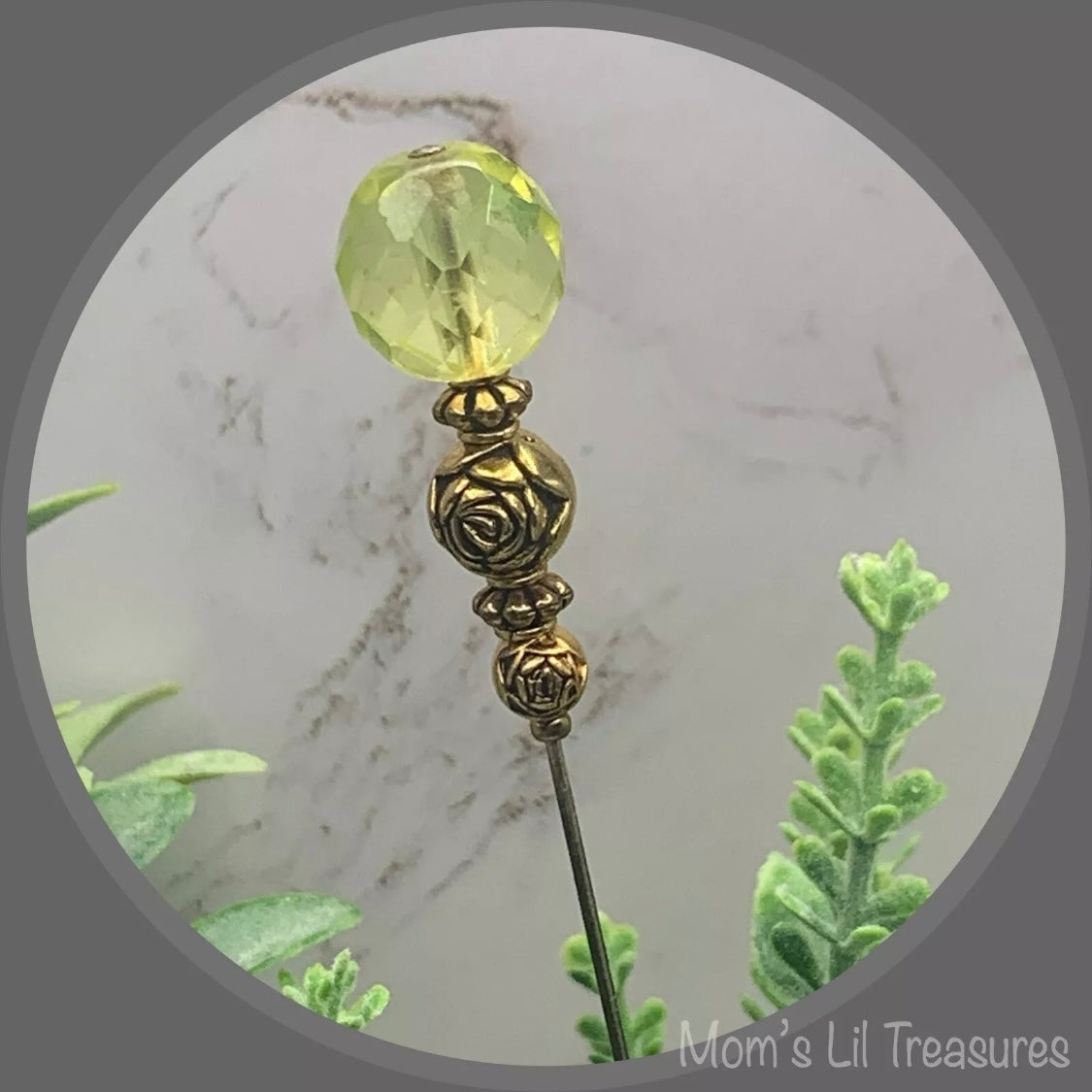Light Yellow Glass Crystal - Gold Rose Design Bead - 8” Pin • Hatpin - Stick Pin