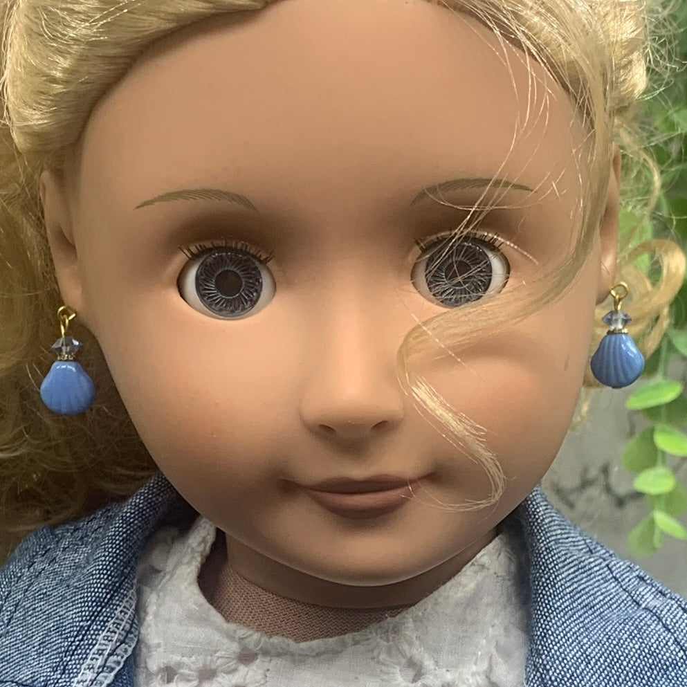 Blue Glass Shell Shape & Crystal Dangle Doll Earrings • 18” Doll Jewelry