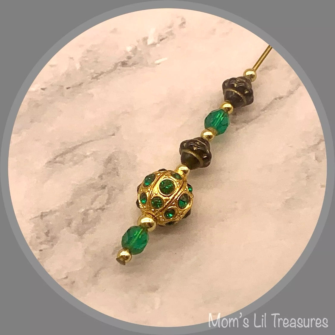 Green Glass Crystal Gold Ball Rhinestone Accents - 8” • Hatpin - Stick Pin