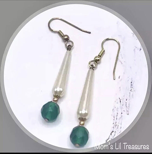 Elongated Teardrop Pearl & Green Glass Crystal Dangle Earrings • Handmade