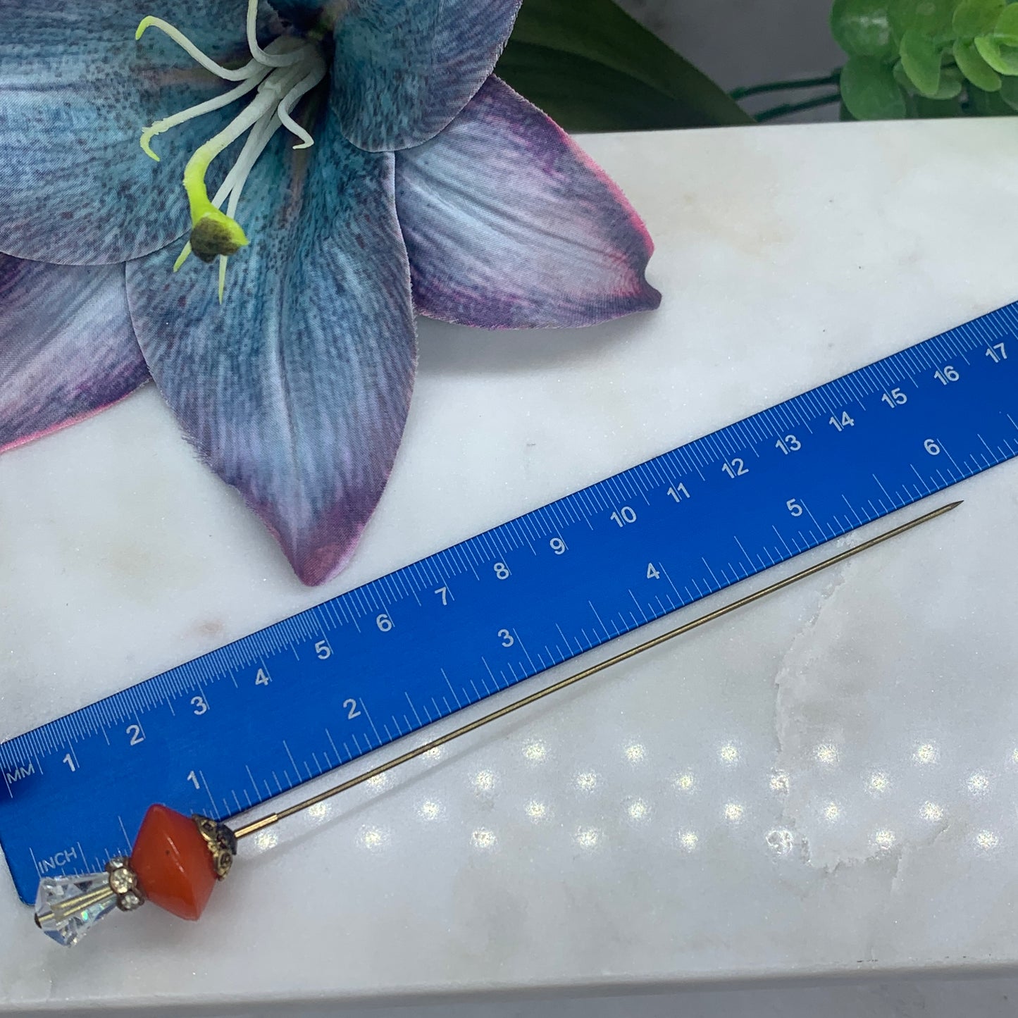 Orange Color Glass & Clear Glass Faceted Crystal • 6” Hatpin - Stick Pin