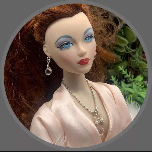 16 Inch Doll Jewelry • Silver Ball Chain Pink Clear Pearl Necklace Earrings Set