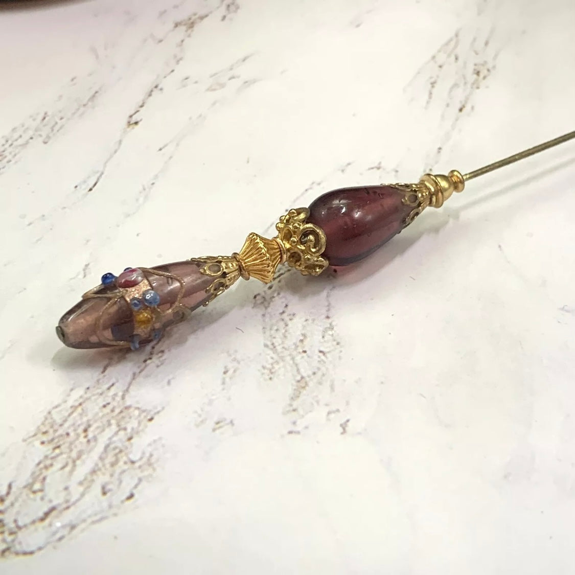 Purple Glass Teardrop Gold Swirl Design Filigree - 8” Pin • Hatpin - Stick Pin