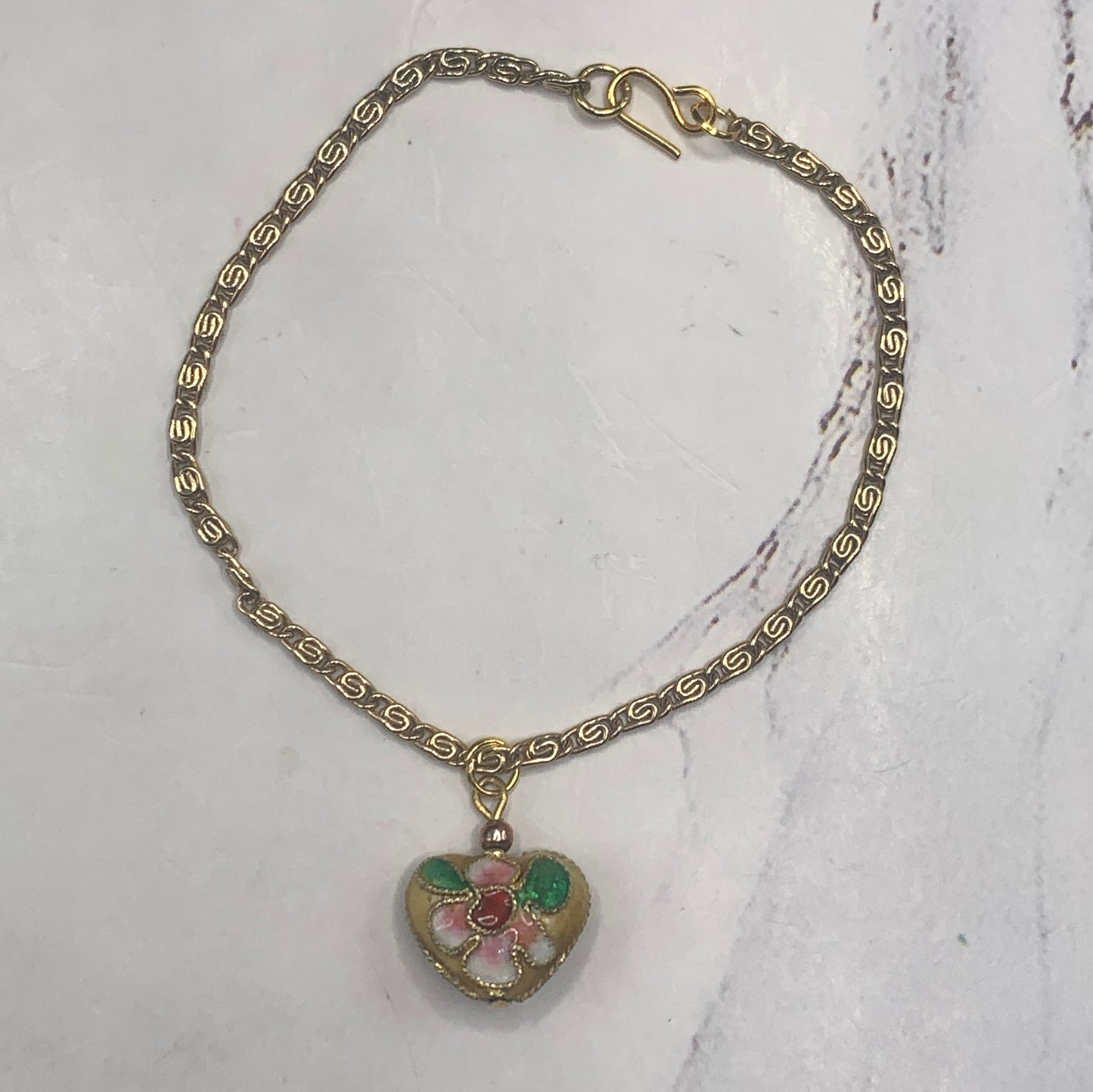 Cloisonné Heart Flower Design Charm Gold Chain Doll Necklace • 18” Doll Jewelry