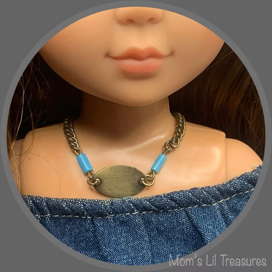 Turquoise Blue Brass Gold Oval Pendant Necklace for 14 inch Wellie Wisher Doll