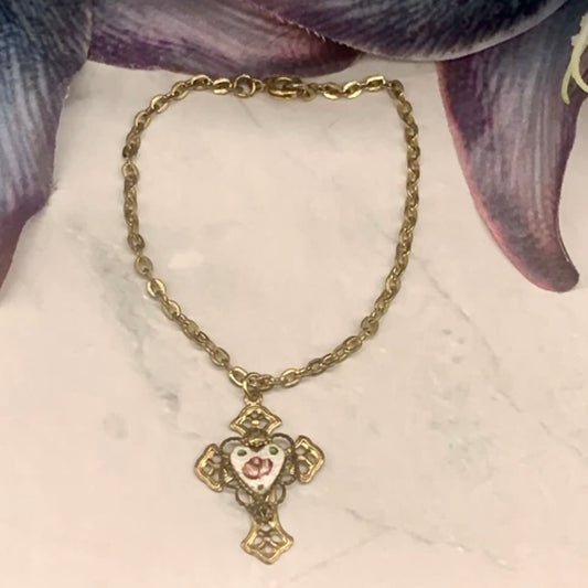 White Enamel Pink Rose Heart Design Gold Filigree Cross Pendant Doll Necklace • 18” Doll Jewelry