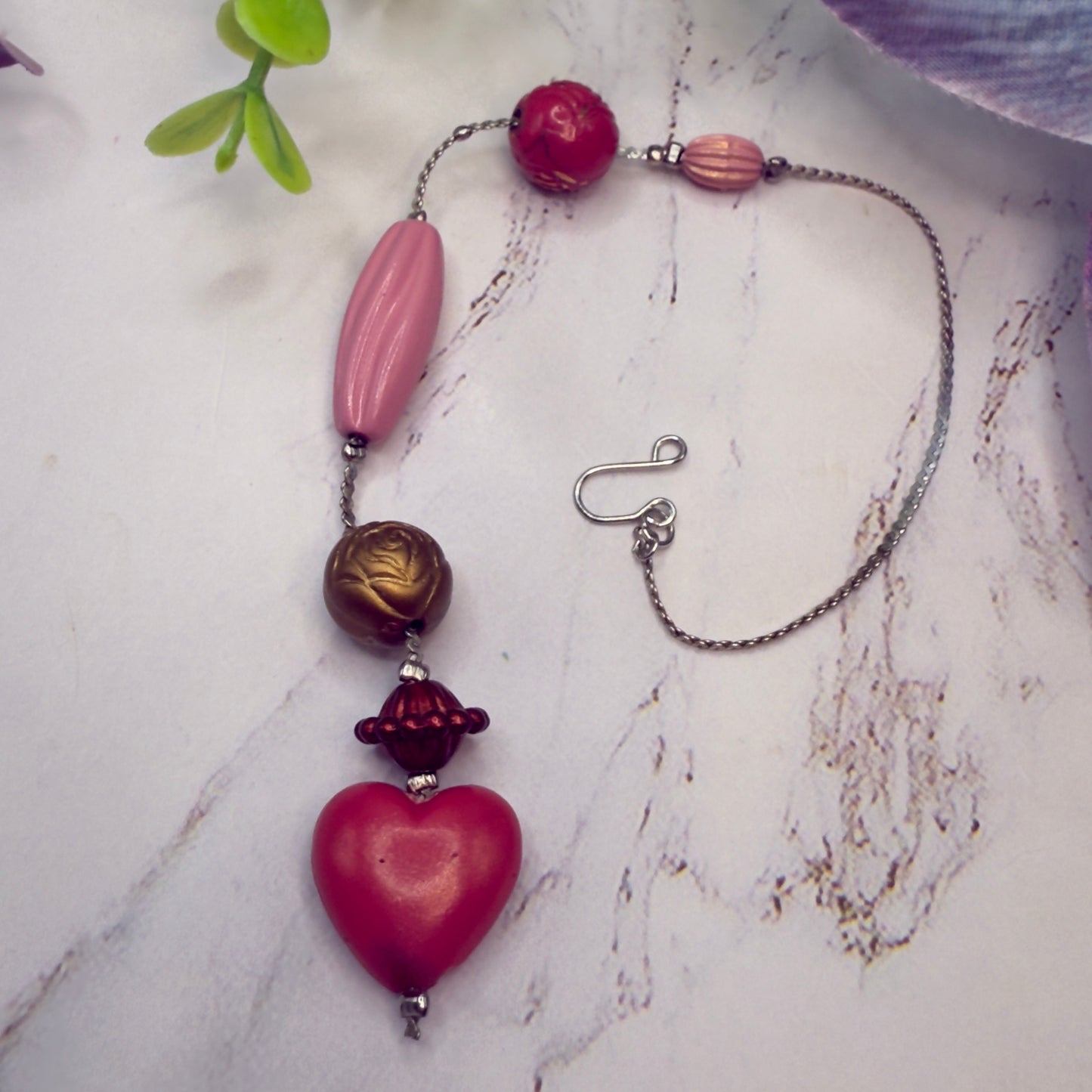 Pink Heart Bronze & Pink Beaded Chain • Car Mirror Charm / Sun Catcher