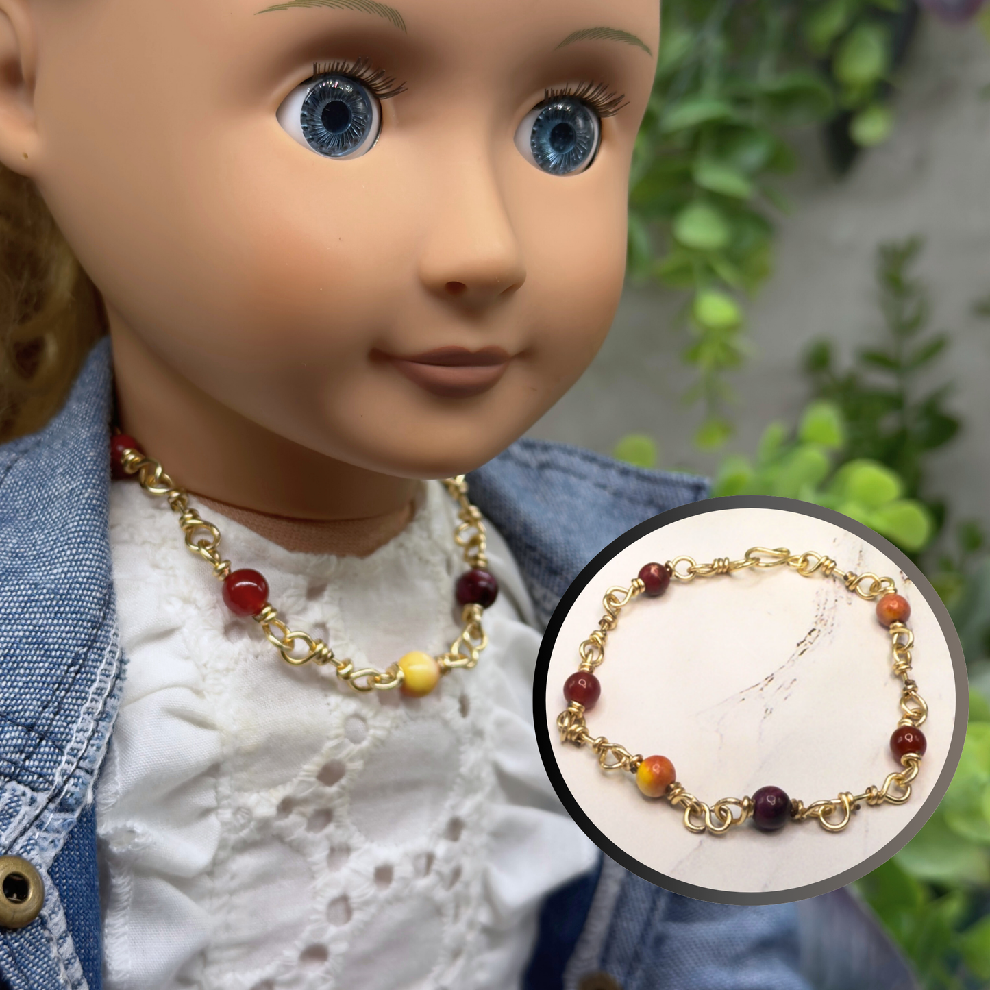 Red Coral Glass Bead & Gold Twist Link Doll Necklace • 18 Inch Fashion Doll Jewelry