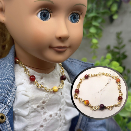 Red Coral Glass Bead & Gold Twist Link Doll Necklace • 18 Inch Fashion Doll Jewelry