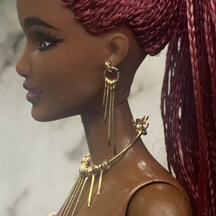 Gold Tone Multi Dangle Necklace Earring Set • 10-12” 1:6 Doll Jewelry