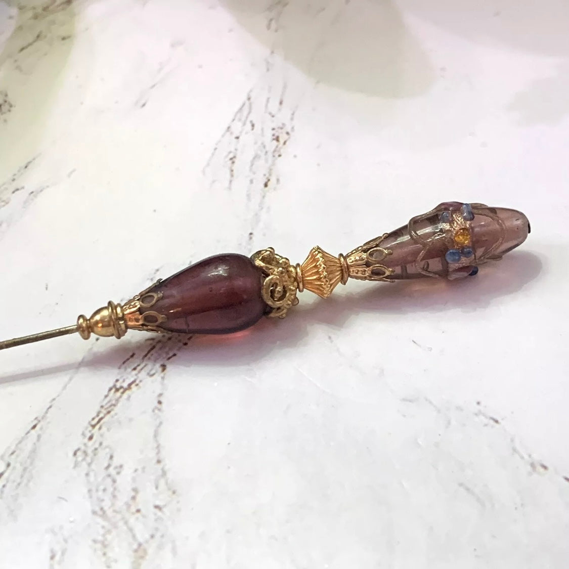 Purple Glass Teardrop Gold Swirl Design Filigree - 8” Pin • Hatpin - Stick Pin