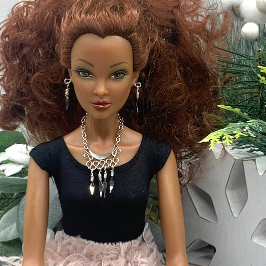 Silver Dangle Statement Doll Necklace Matching Earring Set • 16” Doll Jewelry