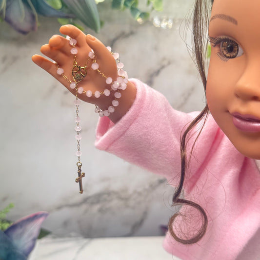 Light Pink Glass Crystal Gold Cross • Doll Size Catholic Rosary for 18-22” Fashion or Vintage Dolls