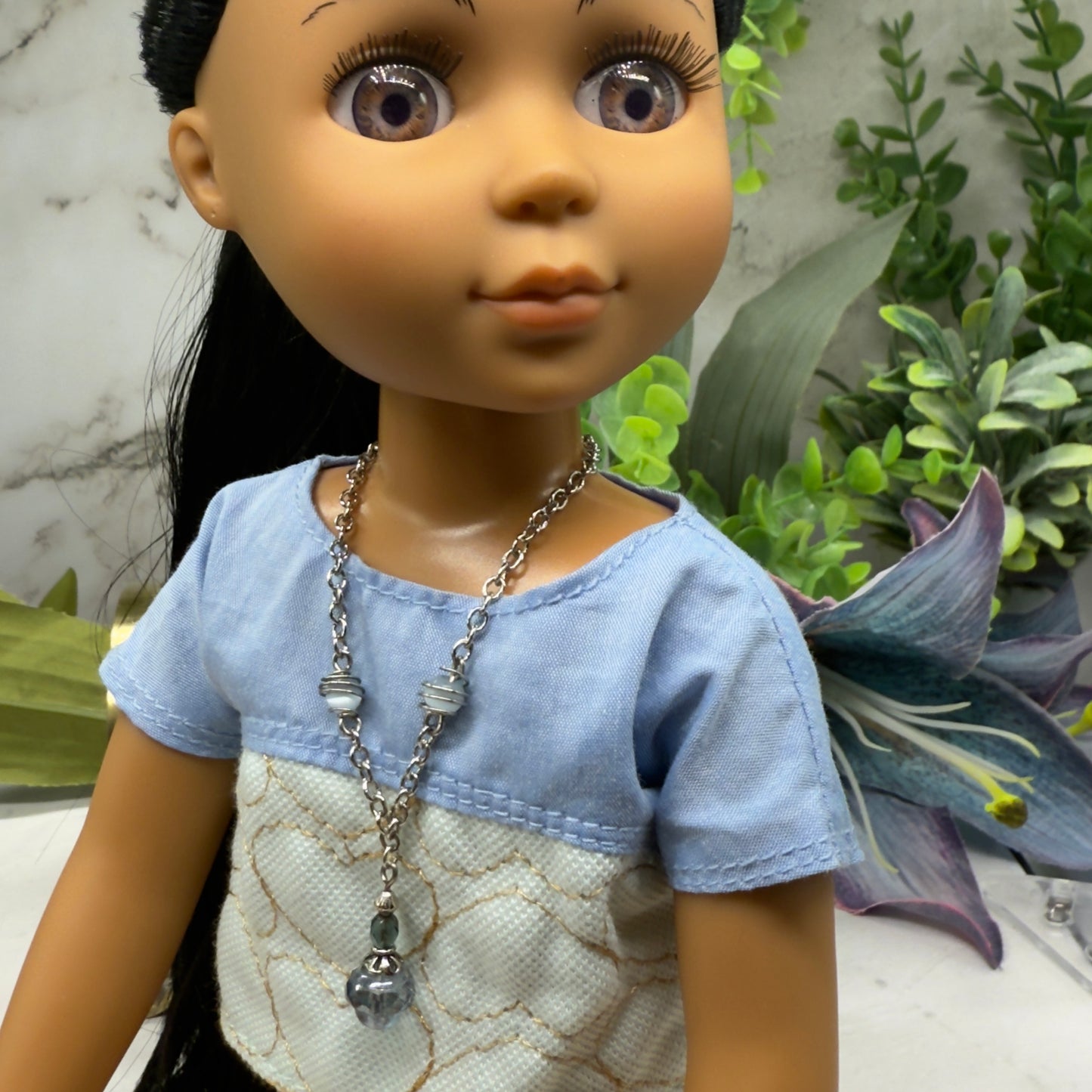 Light Blue Glass Silver Chain Pendant Doll Necklace • 14 Inch Fashion Doll Jewelry